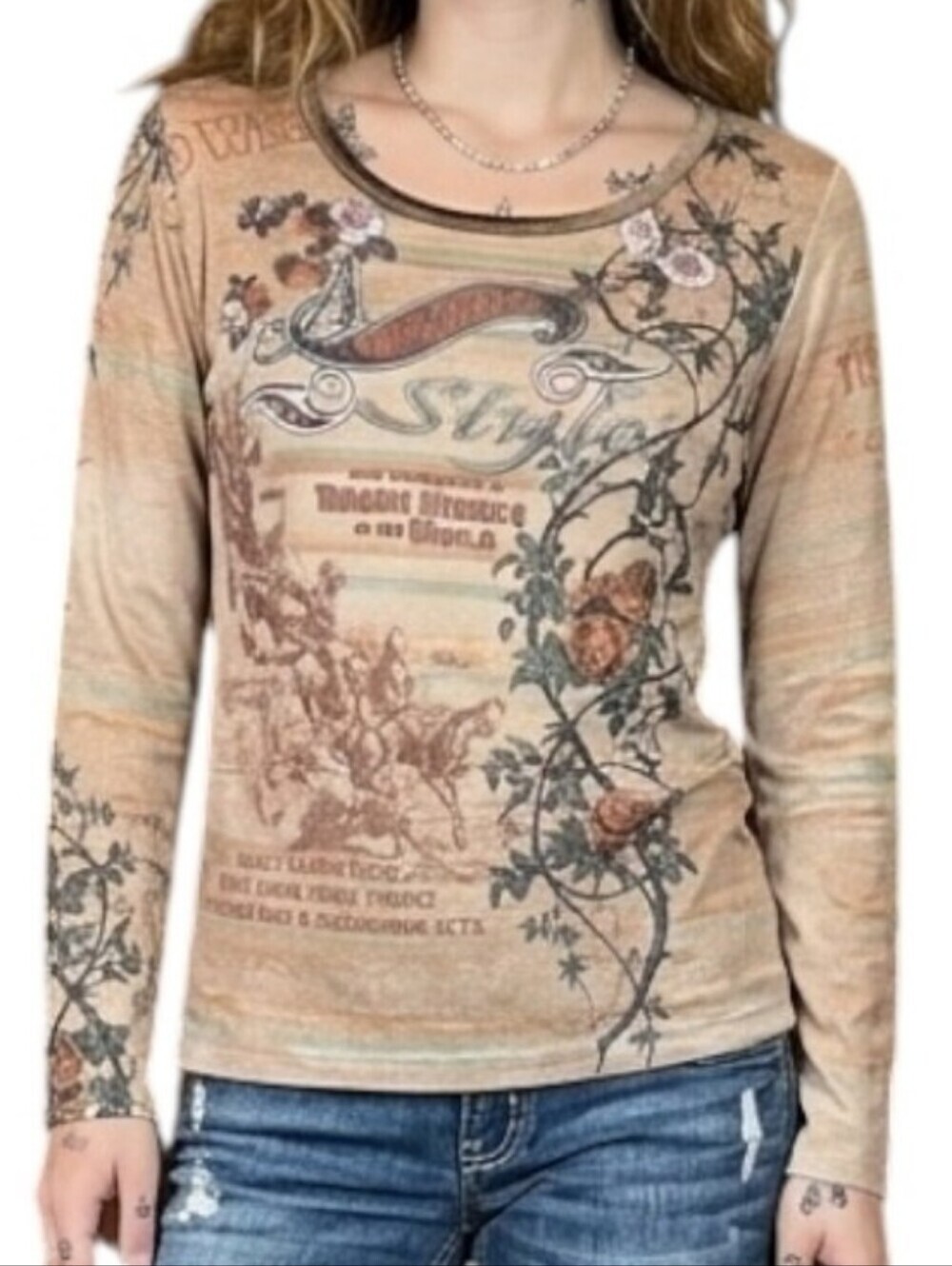 Vanilla Sugar Graphic Long Sleeve Top Women Medium Tan